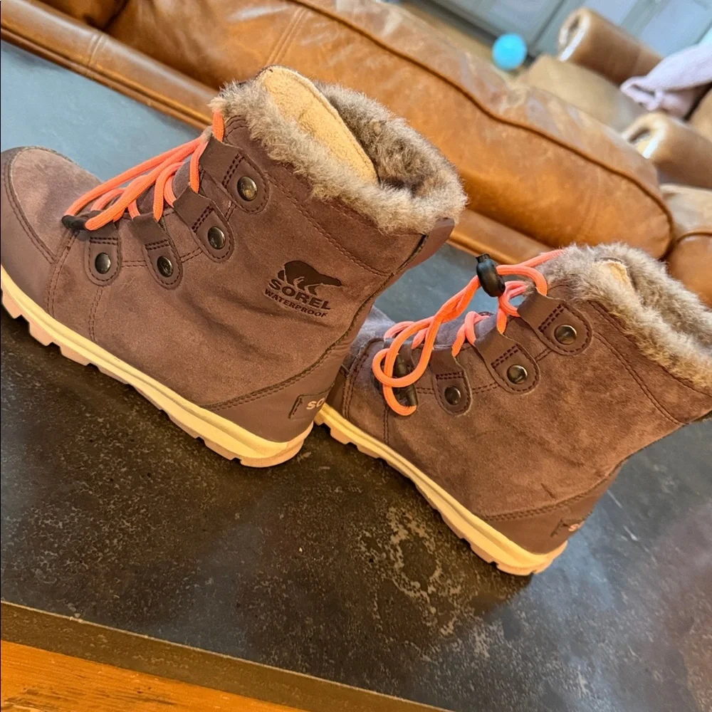 Sorel Kids Brown Boots with Orange Laces